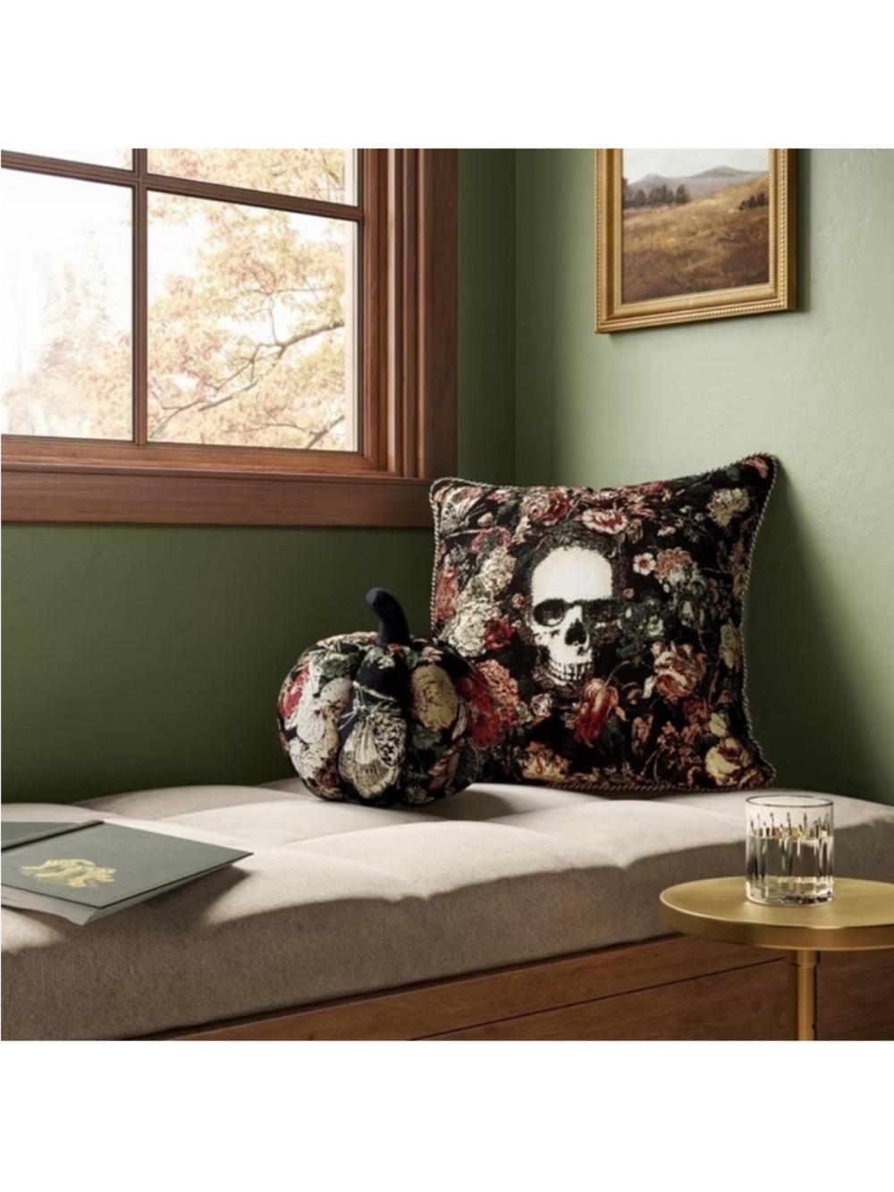 Threshold Bundle of Floral Skull Square Pillow and Matching Pumpkin Pillow